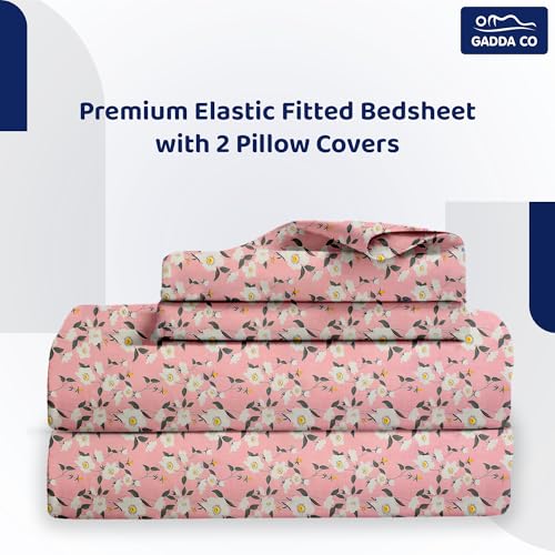 GADDA CO Cotton Feel Glace Premium Cotton Elastic Fitted Printed King Size Double Bed Bedsheet with 2 Pillow Covers, Double Bed Bedsheet -72x78 Inch, Light Pink with Multicolor Floral Design, 300 TC - Image 5