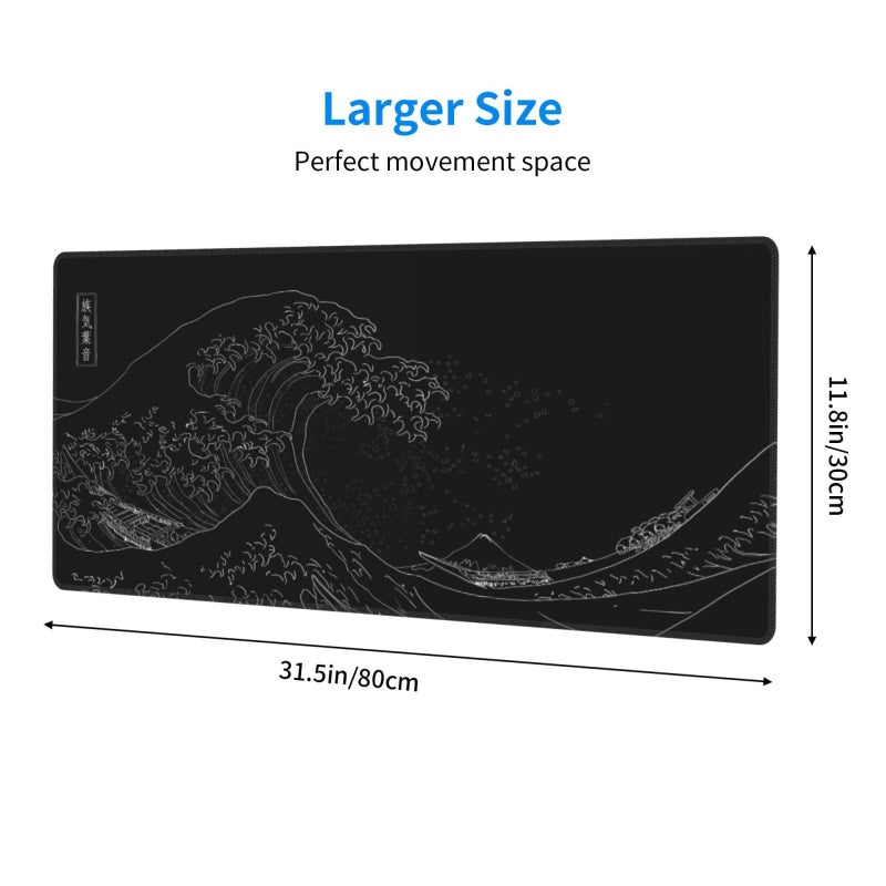 Brecoy Japanese Gaming Mouse Pad Black Mouse Pad Kanagawa Large Mousepad Non-Slip Rubber Base Waterproof with Stitched Edges for Gaming Office Home, 31.5x11.8 Inch (Black Wave) - Image 2