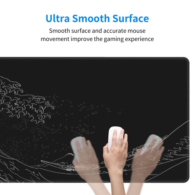 Brecoy Japanese Gaming Mouse Pad Black Mouse Pad Kanagawa Large Mousepad Non-Slip Rubber Base Waterproof with Stitched Edges for Gaming Office Home, 31.5x11.8 Inch (Black Wave) - Image 3
