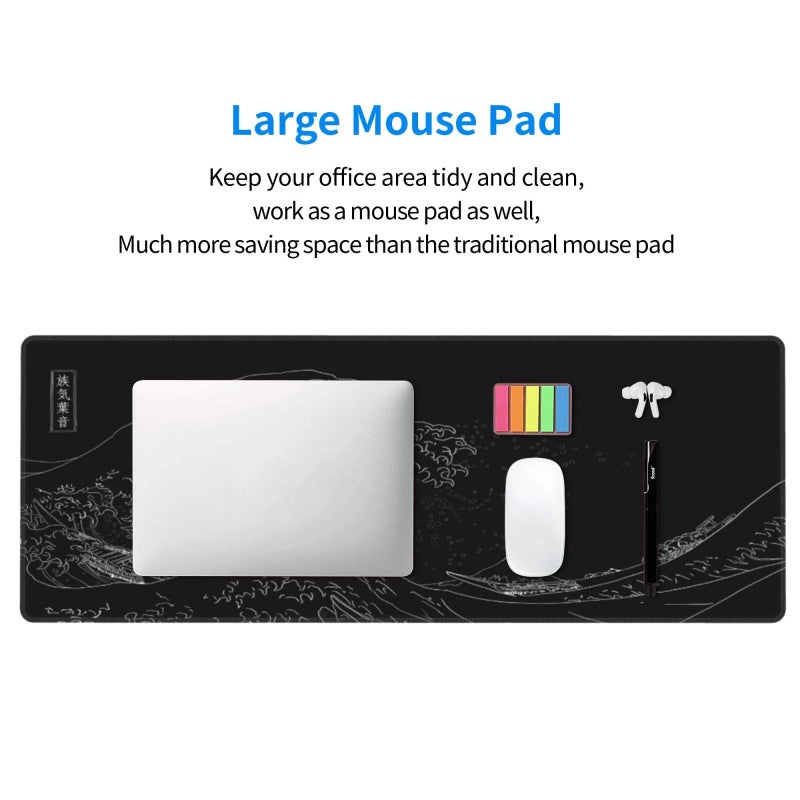Brecoy Japanese Gaming Mouse Pad Black Mouse Pad Kanagawa Large Mousepad Non-Slip Rubber Base Waterproof with Stitched Edges for Gaming Office Home, 31.5x11.8 Inch (Black Wave) - Image 4