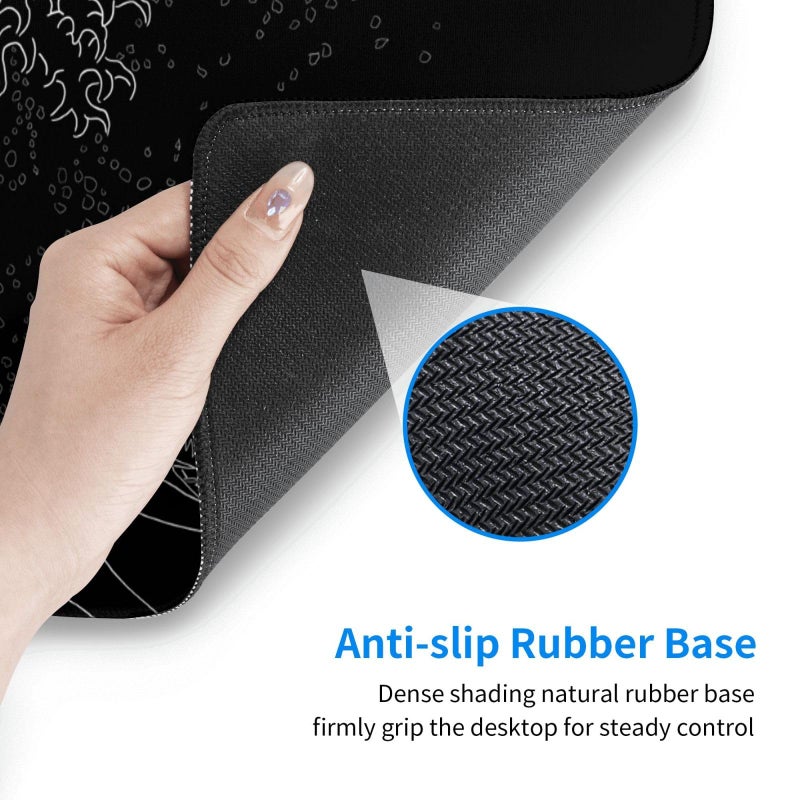 Brecoy Japanese Gaming Mouse Pad Black Mouse Pad Kanagawa Large Mousepad Non-Slip Rubber Base Waterproof with Stitched Edges for Gaming Office Home, 31.5x11.8 Inch (Black Wave) - Image 5