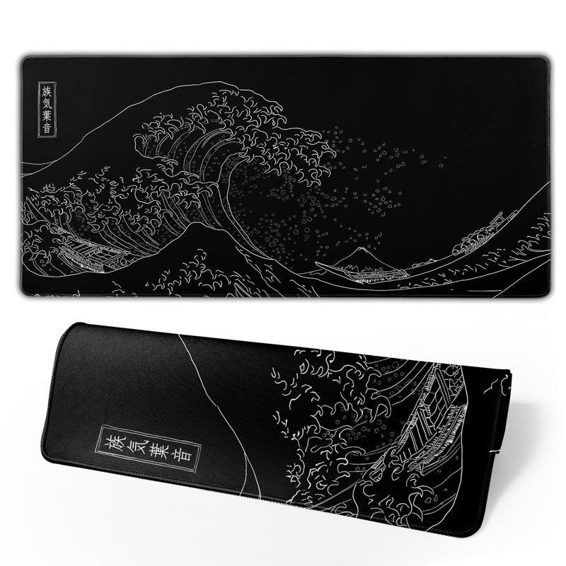 Brecoy Japanese Gaming Mouse Pad Black Mouse Pad Kanagawa Large Mousepad Non-Slip Rubber Base Waterproof with Stitched Edges for Gaming Office Home, 31.5x11.8 Inch (Black Wave) - Image 1