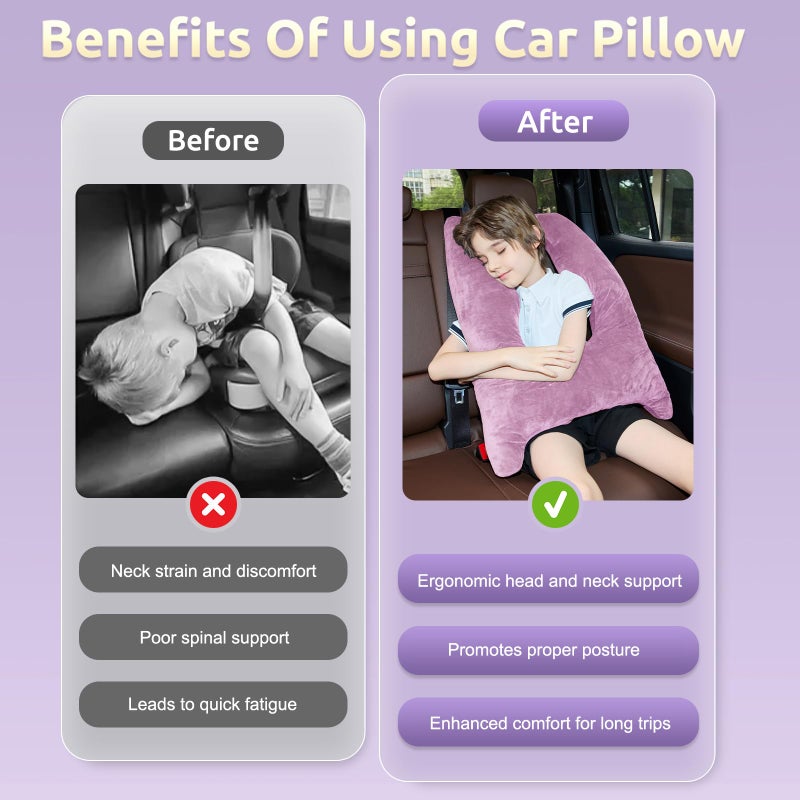 FAIORD Car Pillow for Kids, Travel Pillow with Adjustable Strap, Kids Floor Pillows Cushions for Adults and Children to Support Head and Body Road Trip Essentials (Purple) - Image 2