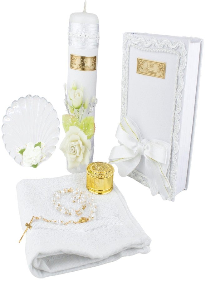 Nuestra Fe 5 Pcs White Baptism Candle Set for Boys and Girls - Velas para bautizo - Vela de bautizo para niño - Vela para bautizo de niña - Catholic Baptism Candle Set Girl - Baptism kit Baptism Shell Bible - Image 1