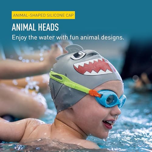 FINIS Animal Heads Silicone Swim Cap for Kids - Fun 3D Animal Designs - Snug Fit - Chlorine Protection - Shark - Image 2