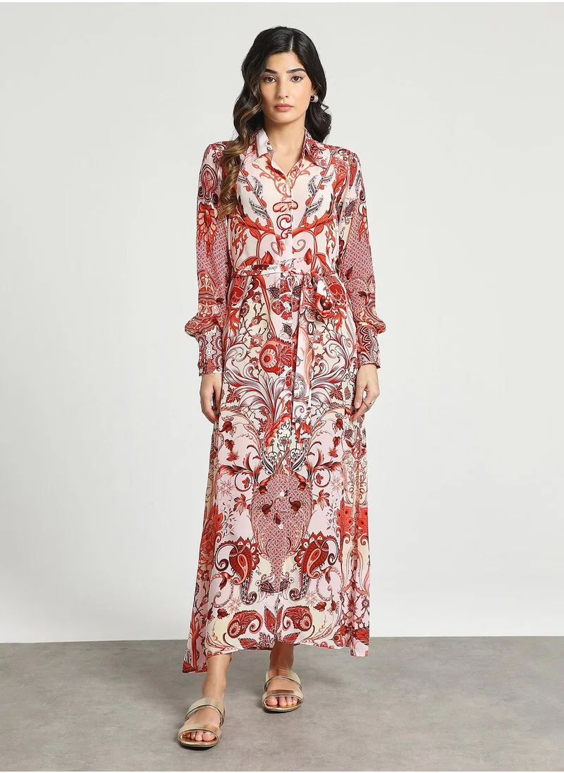 Couturelabs Red White Paisley Printed Midi Dress