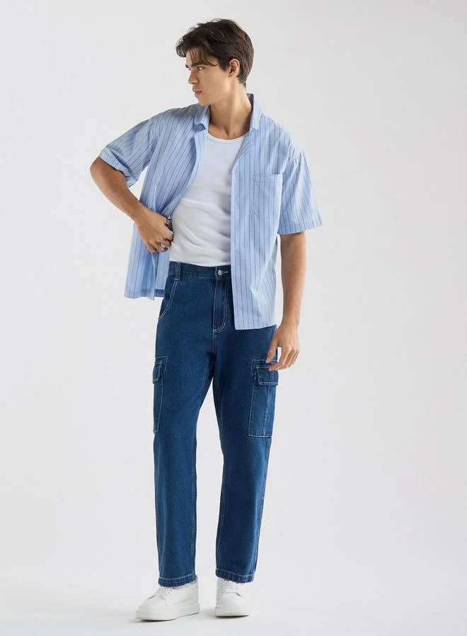 سبلاش فيڤ قميص مخطط بقصة عادية وبأكمام قصيرة وياقة كامب