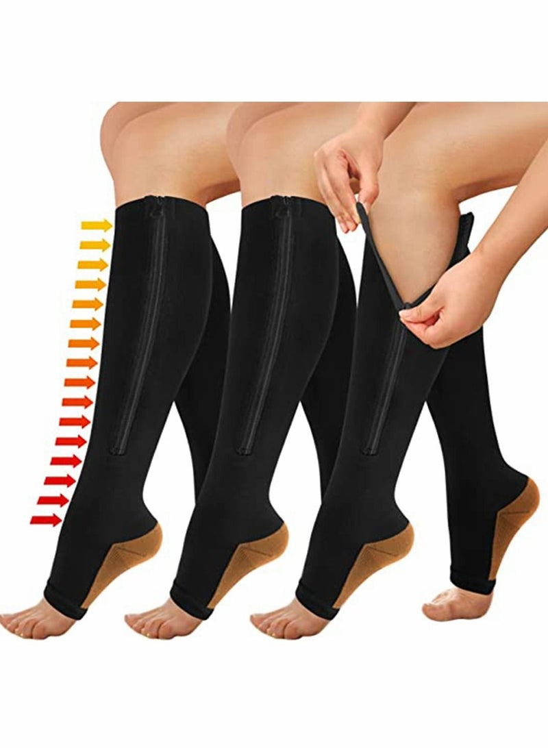 SYOSI Compression Socks Breathable Calf Knee High Stocking Open Toe Copper Zipper Sports Socks for Injury Recovery Pain Relief Sports Protection Protect Muscles 3 Pairs  - Image 1