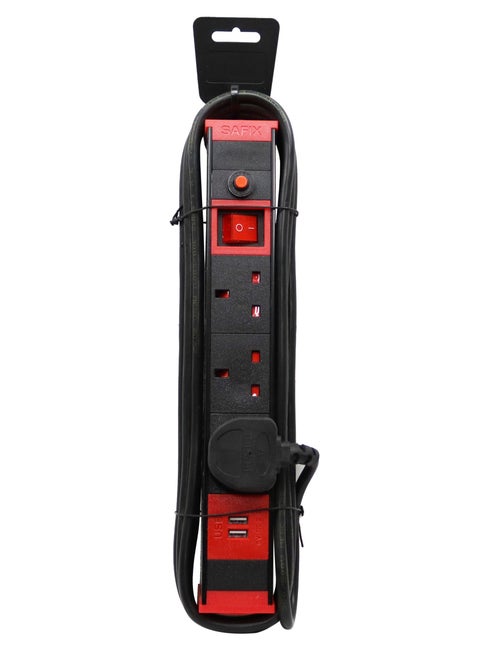 3 Yard Power Extension Cord, Multiplug with Fast USB charging slots 3 Way power Strip and On Off Switch Black Red