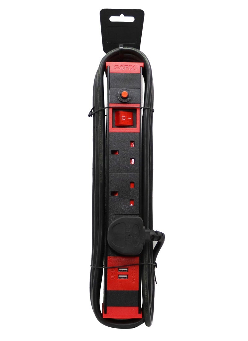 Safix - 3 Yard Power Extension Cord, Multiplug with Fast USB charging slots 3 Way power Strip and On Off Switch Black Red - Image 1