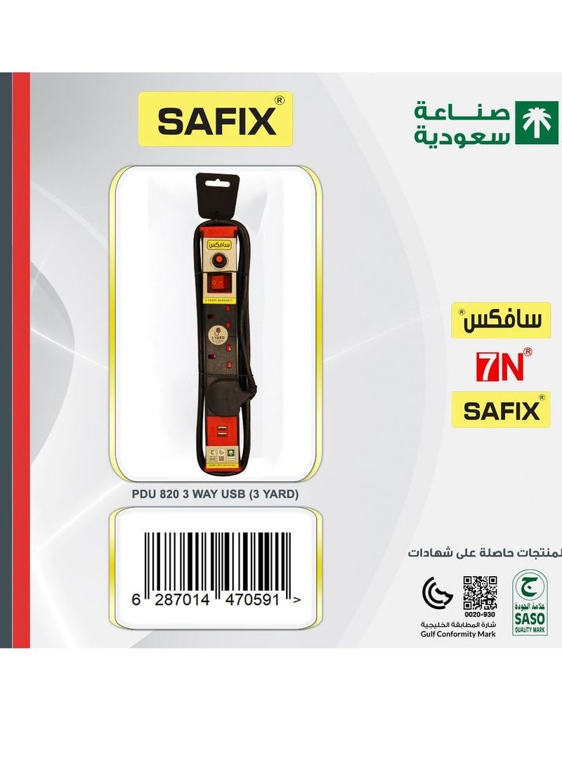 Safix - 3 Yard Power Extension Cord, Multiplug with Fast USB charging slots 3 Way power Strip and On Off Switch Black Red - Image 1