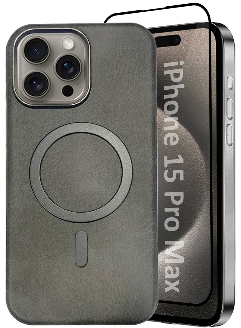 CATANES 2 Pack of PU Leather Case for Apple iPhone 15 Pro Max Compatible with Magsafe, Shockproof Drop Proof Protective Slim Case Grey - Image 1