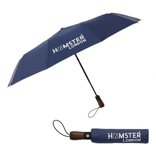 HAMSTER Wooden Automatic Open & Close Pocket Folding Umbrella Umbrella for Women, Men, and Kids 3 Fold Portable Umbrellas for Rain Big Size Windproof Umbrella for Travel (Blue) - Image 1