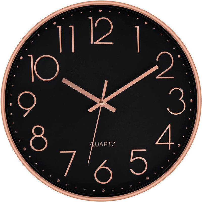 TEKCOOL ساعة حائط رقمية بلاستيكية 12" هادئة كوارتز زخرفية أحدث ساعة كلاسيكية تعمل بالبطارية دائرية سهلة القراءة لغرفة/منزل/مطبخ/غرفة نوم/مكتب/مدرسة - (أسود وردي) - Image 1