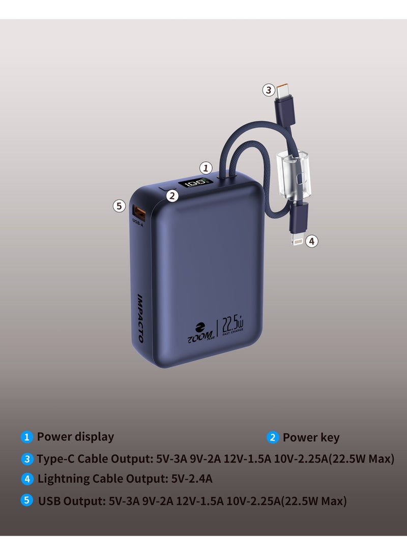 Zoom Plus IMPACTO 20000mAh Ultra-Compact Power Bank - 22.5W Fast Charging Portable Charger with Built-in USB-C & Lightning Cables, Digital Display, and Travel-Friendly (ZP24B) - Image 4