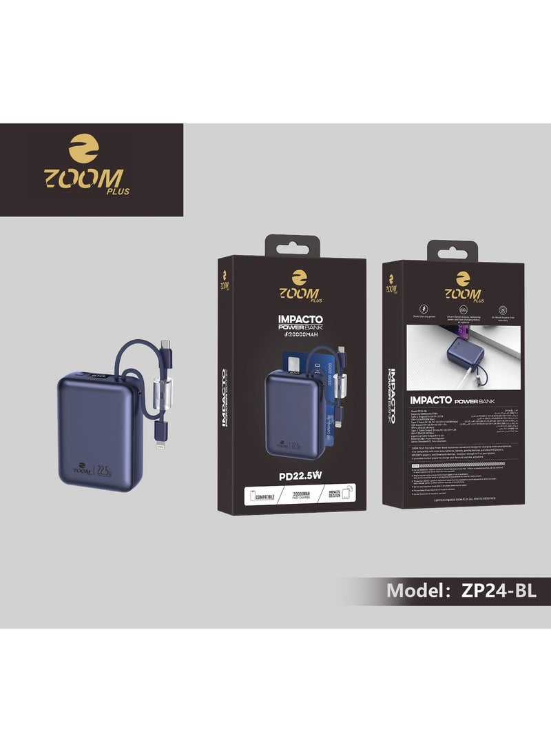 Zoom Plus IMPACTO 20000mAh Ultra-Compact Power Bank - 22.5W Fast Charging Portable Charger with Built-in USB-C & Lightning Cables, Digital Display, and Travel-Friendly (ZP24B) - Image 2