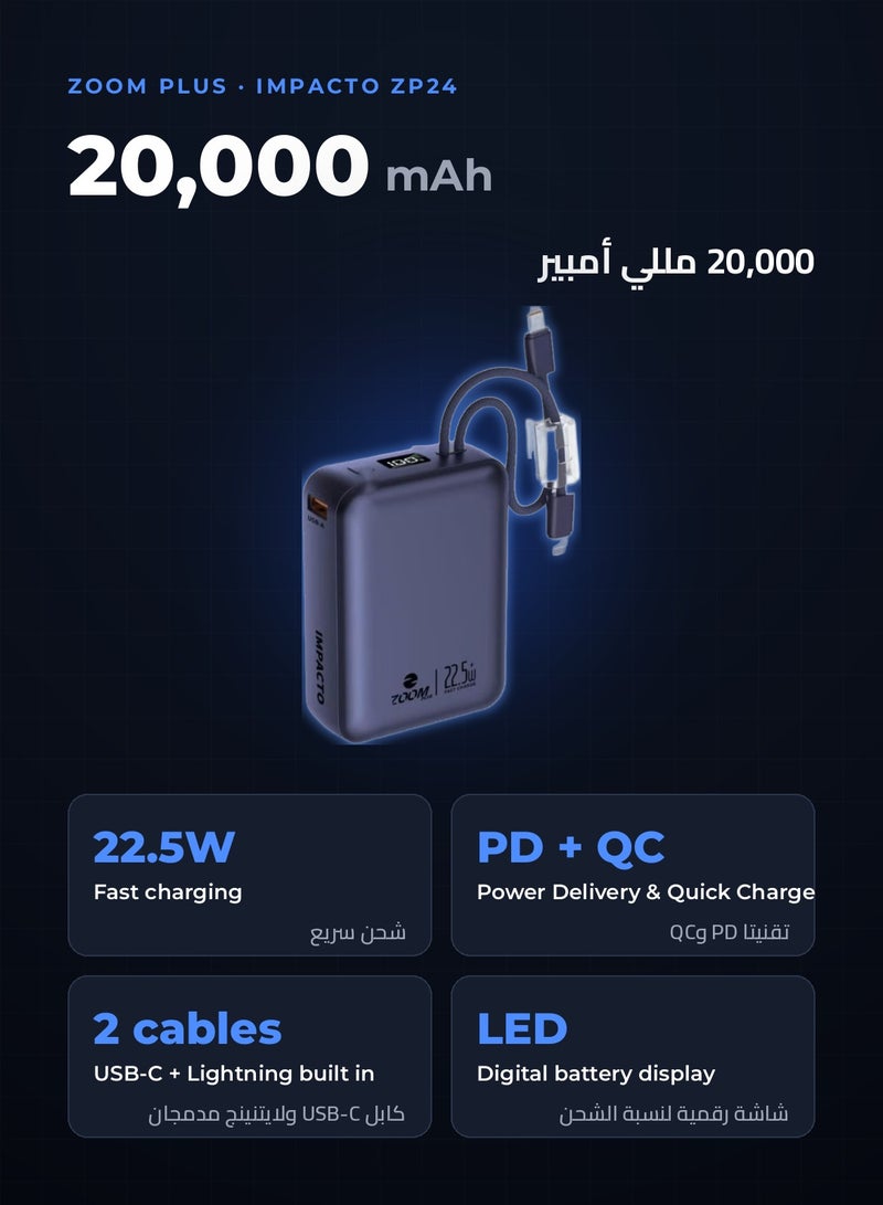Zoom Plus IMPACTO 20000mAh Power Bank, 22.5W PD Fast Charging Portable Charger with Built-in USB-C and Lightning Cables, LED Digital Display, Ultra-Compact Battery Pack for iPhone, Samsung and Android Phones (ZP24B, Blue) - Image 2
