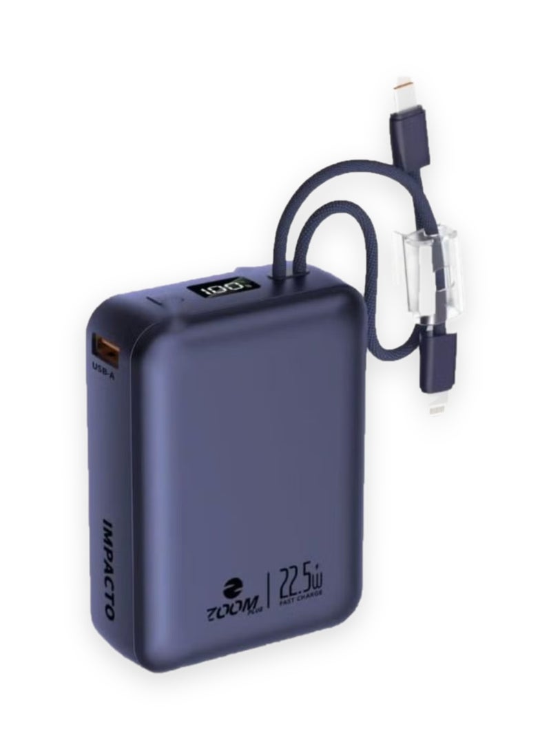 Zoom Plus IMPACTO 20000mAh Power Bank, 22.5W PD Fast Charging Portable Charger with Built-in USB-C and Lightning Cables, LED Digital Display, Ultra-Compact Battery Pack for iPhone, Samsung and Android Phones (ZP24B, Blue) - Image 1