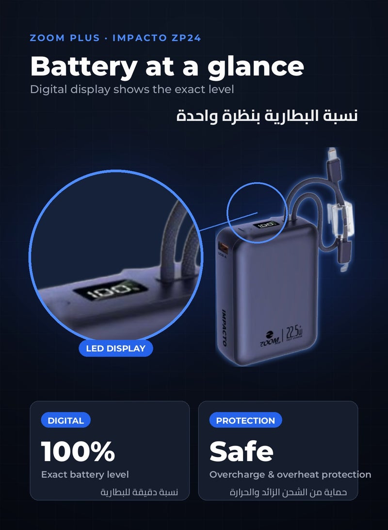Zoom Plus IMPACTO 20000mAh Power Bank, 22.5W PD Fast Charging Portable Charger with Built-in USB-C and Lightning Cables, LED Digital Display, Ultra-Compact Battery Pack for iPhone, Samsung and Android Phones (ZP24B, Blue) - Image 5