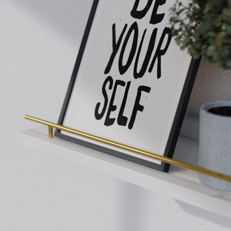WOPITUES Floating Shelves 24 inch with Gold Metal Guardrail, Shelves for Wall Decor Set of 3, Wall Shelves for Bedroom, Bathroom, Kitchen, Living Room, Plants, Picture Frames, Art- White and Gold - Image 2