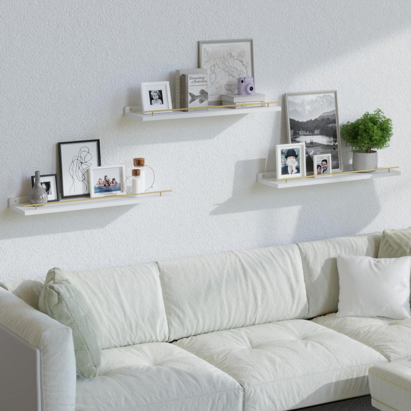 WOPITUES Floating Shelves 24 inch with Gold Metal Guardrail, Shelves for Wall Decor Set of 3, Wall Shelves for Bedroom, Bathroom, Kitchen, Living Room, Plants, Picture Frames, Art- White and Gold - Image 5