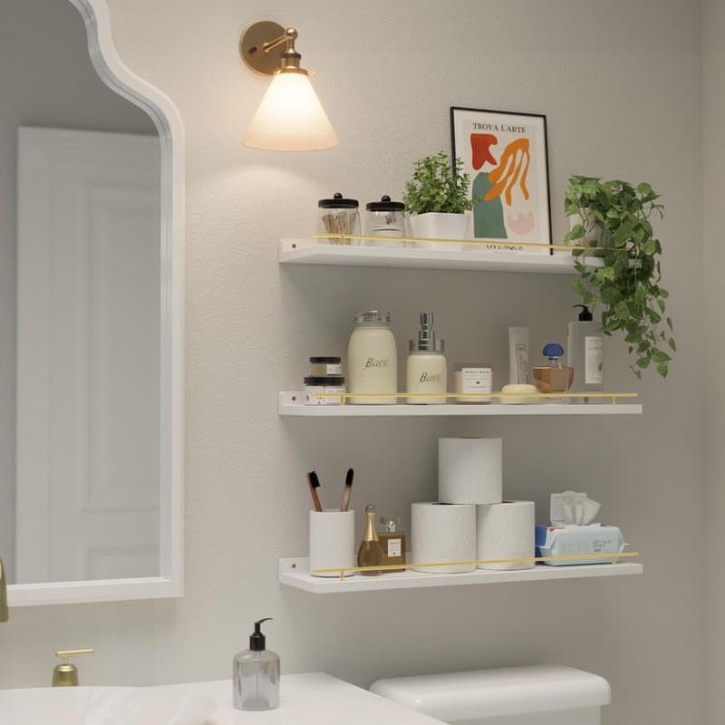 WOPITUES Floating Shelves 24 inch with Gold Metal Guardrail, Shelves for Wall Decor Set of 3, Wall Shelves for Bedroom, Bathroom, Kitchen, Living Room, Plants, Picture Frames, Art- White and Gold - Image 4