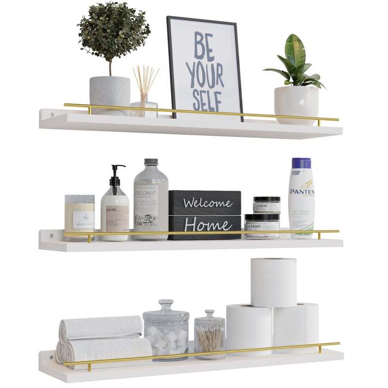 WOPITUES Floating Shelves 24 inch with Gold Metal Guardrail, Shelves for Wall Decor Set of 3, Wall Shelves for Bedroom, Bathroom, Kitchen, Living Room, Plants, Picture Frames, Art- White and Gold - Image 1