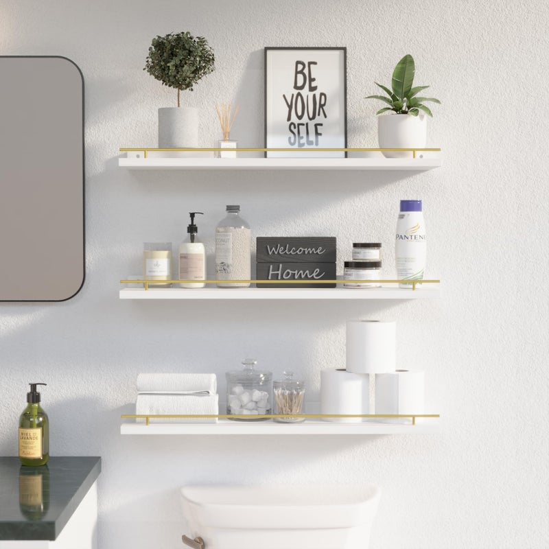 WOPITUES Floating Shelves 24 inch with Gold Metal Guardrail, Shelves for Wall Decor Set of 3, Wall Shelves for Bedroom, Bathroom, Kitchen, Living Room, Plants, Picture Frames, Art- White and Gold - Image 3