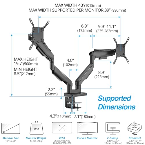AVLT RGB Lights Dual 17”-43” Gaming Monitor Arm Desk Mount, Fits Two Flat/Curved/Ultrawide Screen up to 44lbs(20kg), Height Swivel Tilt Adjustable Stand - Black - Image 4