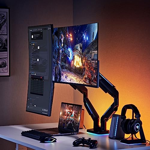 AVLT RGB Lights Dual 17”-43” Gaming Monitor Arm Desk Mount, Fits Two Flat/Curved/Ultrawide Screen up to 44lbs(20kg), Height Swivel Tilt Adjustable Stand - Black - Image 3