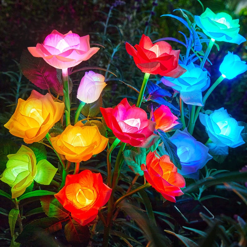 RECHOO Solar Garden Lights Outdoor Decorative 3 Pack Solar Flower Lights with 15 Rose Flowers MultiColor Changing LED Waterproof Garden Decor for Landscape Pathway Valentines Day Gifts for Women
