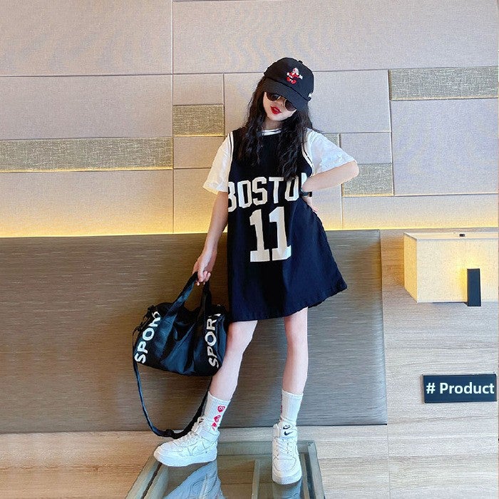 Girls Mid-Length T-shirt Dress Summer Trendy Black 