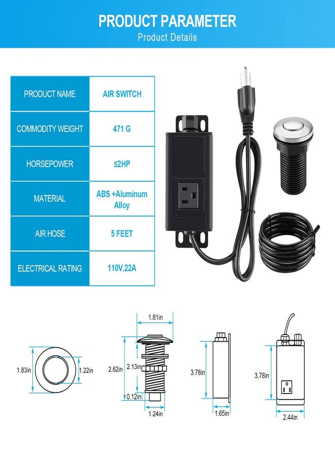HK Garbage Disposal Air Switch Kit with Power Cord Kit, Sink Top Waste Disposer Stainless Steel On/Off Push 2.5" Button, Aluminum Alloy Power Module, Food Waste Disposals Replacement Parts - Image 4