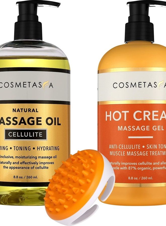 Cosmetasa Cellulite Massage Oil, Gel & Mitt - Natural Hot Cream Massage Gel, Oil & Massager - Firm, Tone, Tighten & Moisturize Skin. Soothes Muscles - Image 1