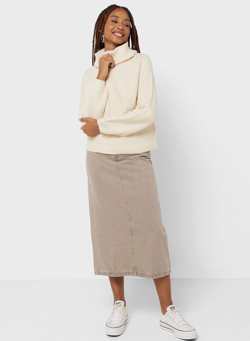 Turtle Neck Ribbed Puff Sleeve Sweater
