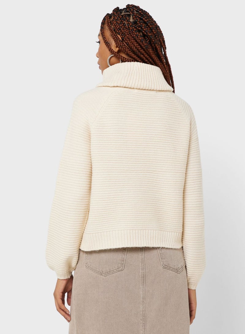 Turtle Neck Ribbed Puff Sleeve Sweater