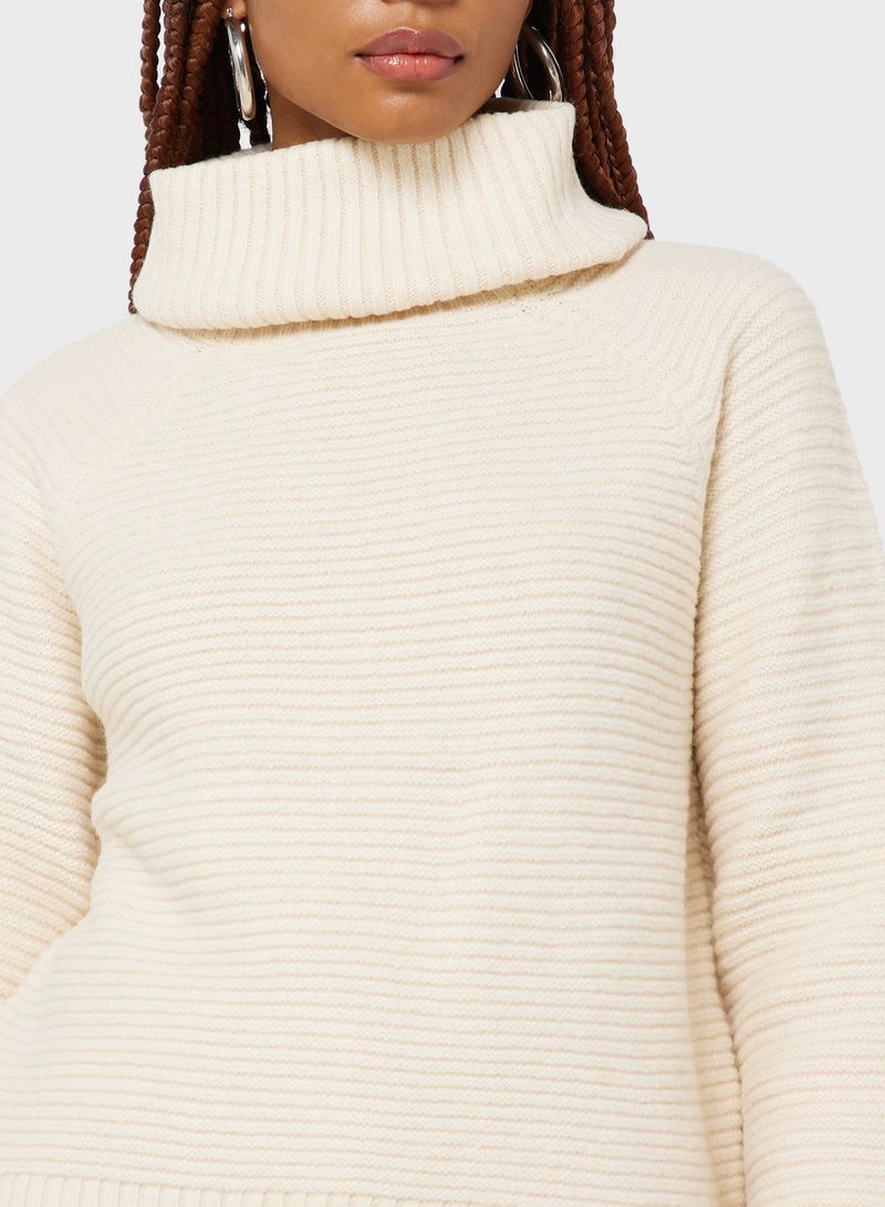 Turtle Neck Ribbed Puff Sleeve Sweater