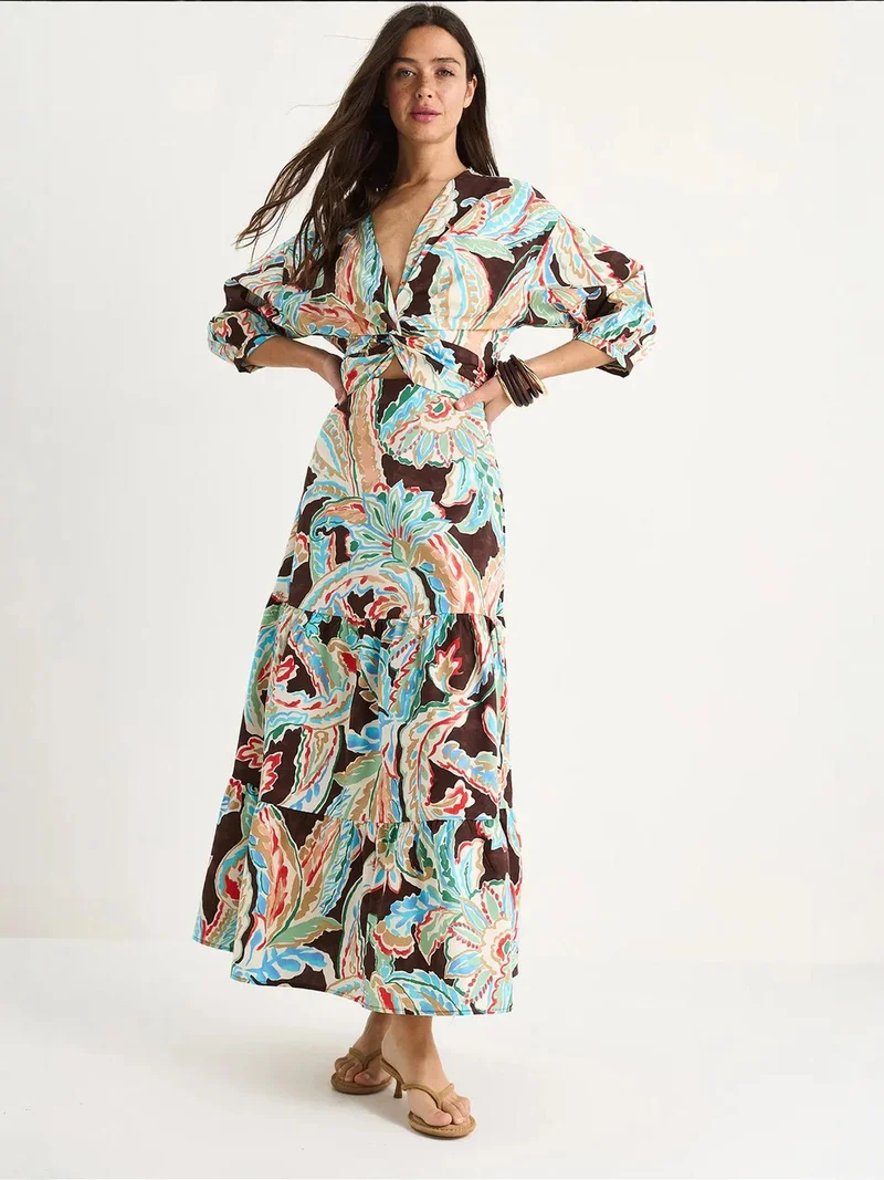 بيانكو لوتشي فستان ماكسي بطبعة عرقية بياقة على شكل حرف  وخصر مطاطي من لوكسي