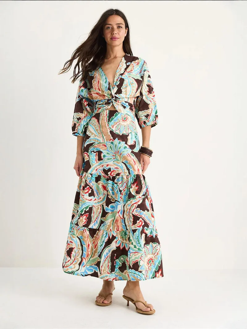 بيانكو لوتشي فستان ماكسي بطبعة عرقية بياقة على شكل حرف  وخصر مطاطي من لوكسي