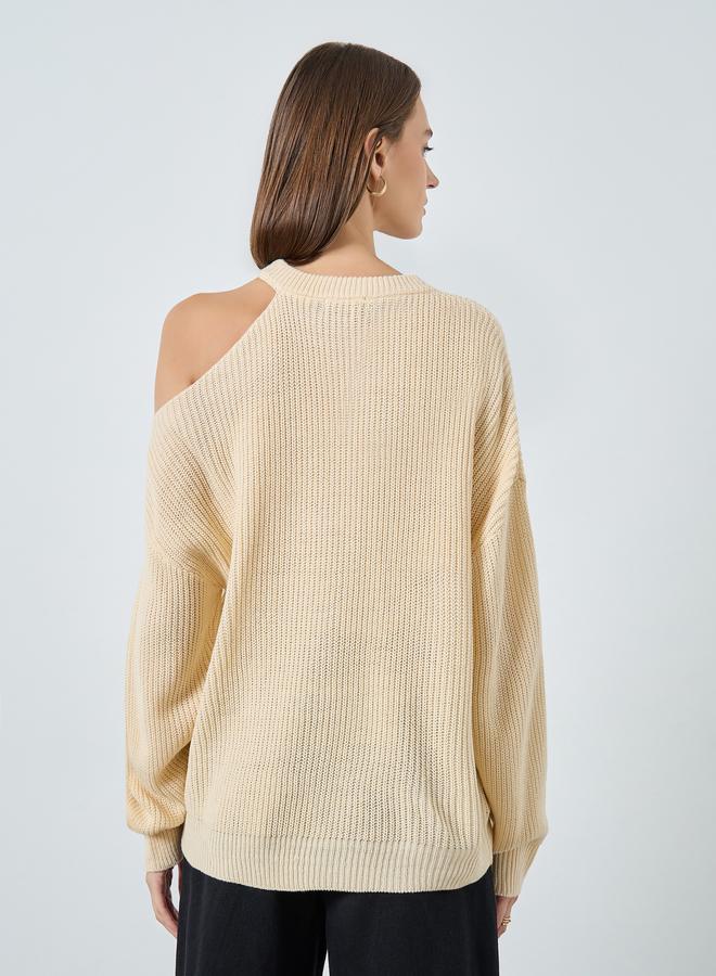 Styli Beige Knitted Cold Shoulder Sweater - Image 4
