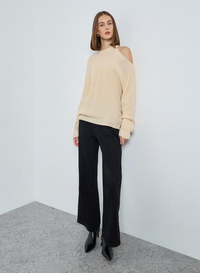 Styli Beige Knitted Cold Shoulder Sweater - Image 2