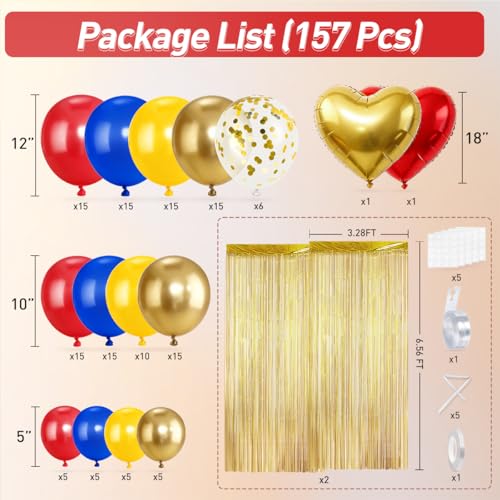 MEBAY 157Pcs Red Blue Yellow Gold Balloons Garland Arch Kit with Fringe Curtain for Snow Beauty White Carnival Circus Super Mario Plim Plim Theme Birthday Baby Shower Party Decorations - Image 5