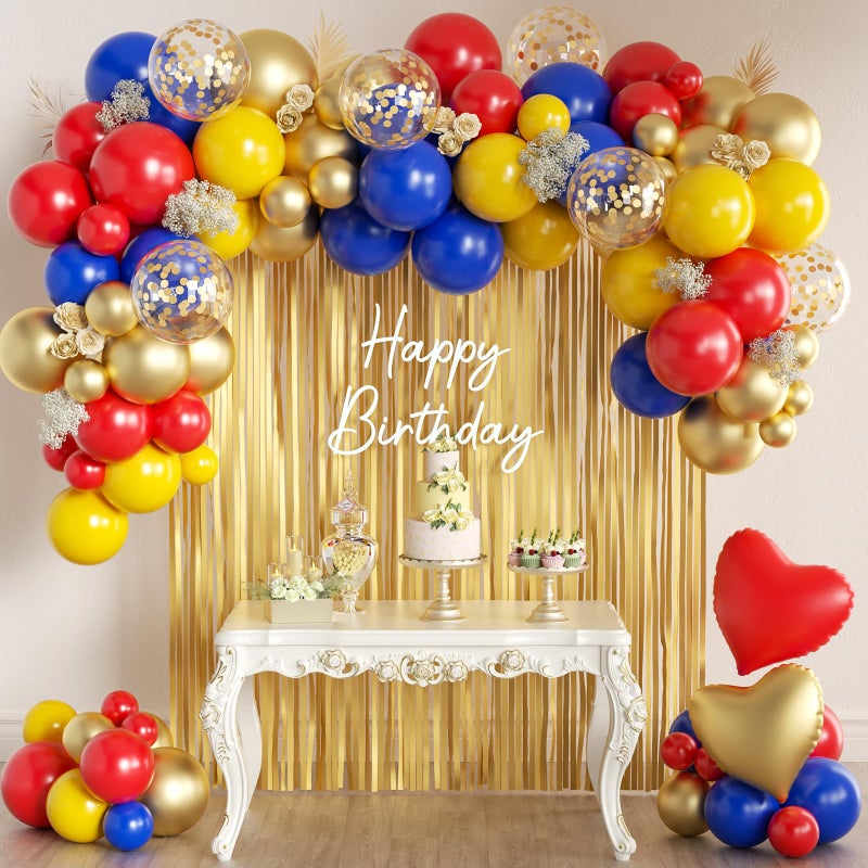 MEBAY 157Pcs Red Blue Yellow Gold Balloons Garland Arch Kit with Fringe Curtain for Snow Beauty White Carnival Circus Super Mario Plim Plim Theme Birthday Baby Shower Party Decorations - Image 3