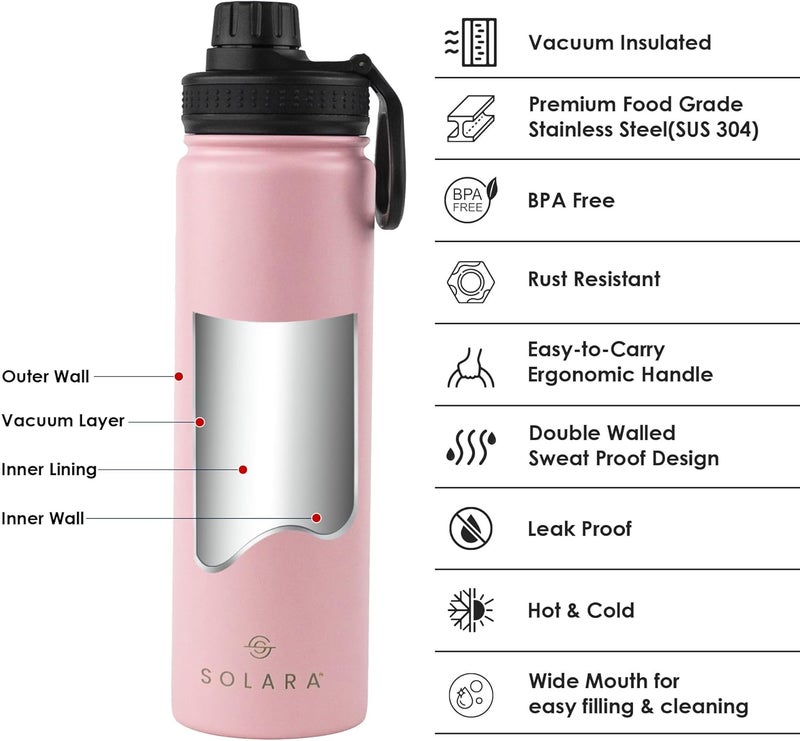 SOLARA Insulated Water Bottle 650ml, Hot Water Bottle, Thermosteel Water Bottle for Travel, Home, Office, School, Gym, Adults, Water Bottle Hot and Cold, Sipper Bottle, Angle Pink - Image 2