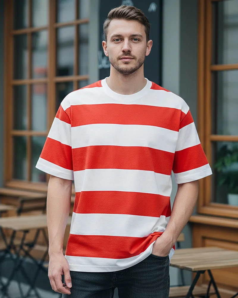 bewakoof Men's Red & White Striped Oversized T-shirt