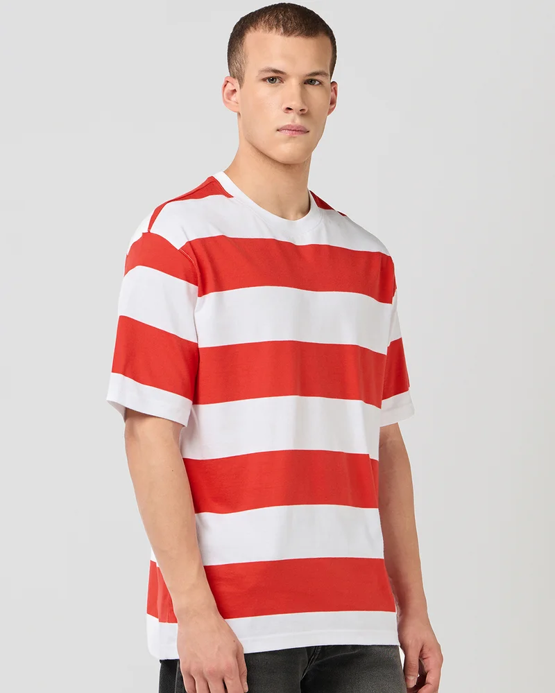 bewakoof Men's Red & White Striped Oversized T-shirt