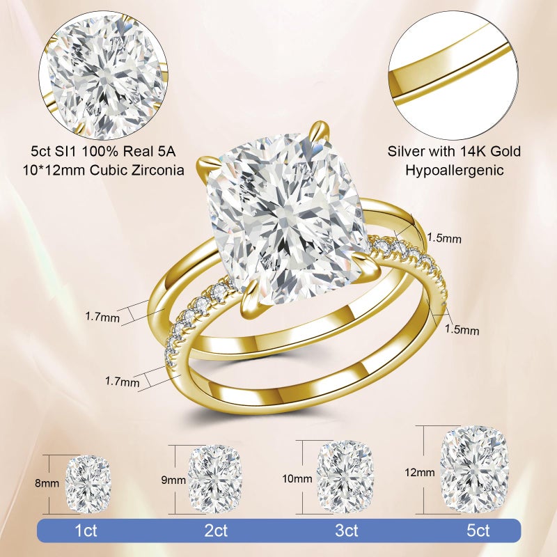 AVECON 5CT Elongated Cushion Cut Engagement Ring Set for Women, Wedding Promise Cubic Zirconia Band, 14K Gold Plated Stackable Adjustable Bridal Half Eternity Open Rings, Size 7 - Image 3