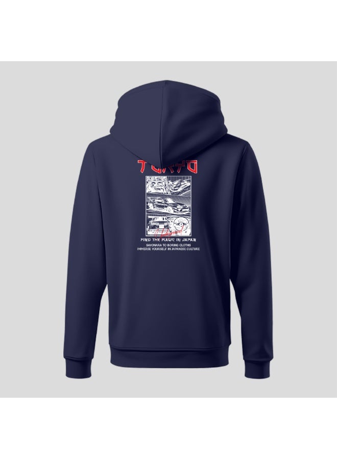 DXBSTAMPS “Made in Japan” Hoodie – Navy Blue – Tokyo Streetwear Design – Manga Car Graphic – Unisex Pullover – Japanese-Inspired Hoodie - Image 1