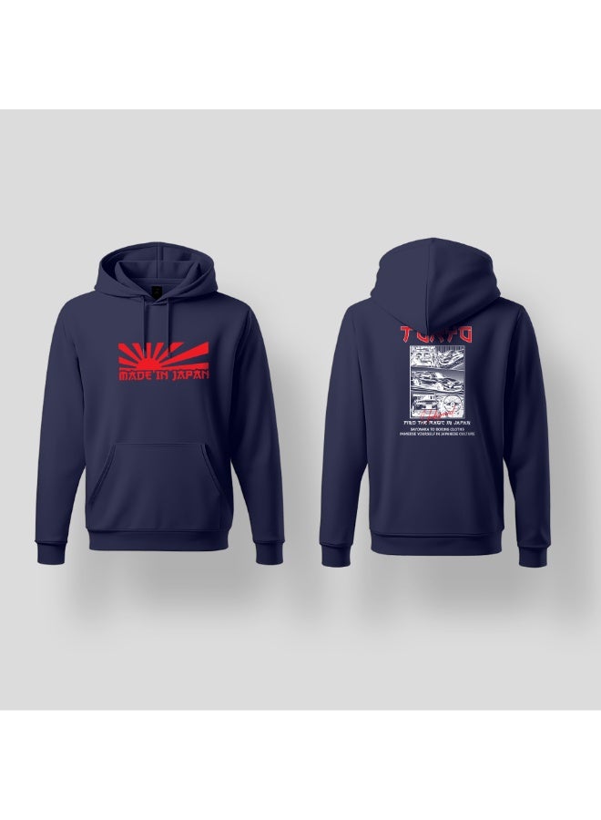 DXBSTAMPS “Made in Japan” Hoodie – Navy Blue – Tokyo Streetwear Design – Manga Car Graphic – Unisex Pullover – Japanese-Inspired Hoodie - Image 3