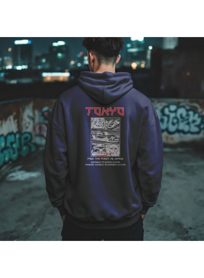 DXBSTAMPS “Made in Japan” Hoodie – Navy Blue – Tokyo Streetwear Design – Manga Car Graphic – Unisex Pullover – Japanese-Inspired Hoodie - Image 4